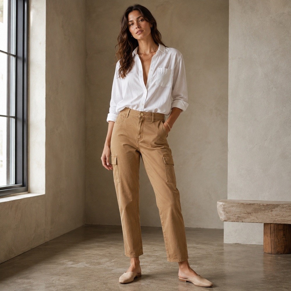 Nicole Miller New York Soho High Rise Ankle Skinny Cargo Pants Tan Khaki Size 14